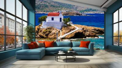 Greece travel. Leros island in Dodecanese - Agios Isidoros church .The little chapel in the sea. Wall mural