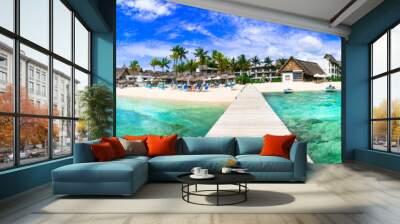 Idyllic tropical island scenery with great beach and turquoise sea. Mauritius island vacation Wall mural