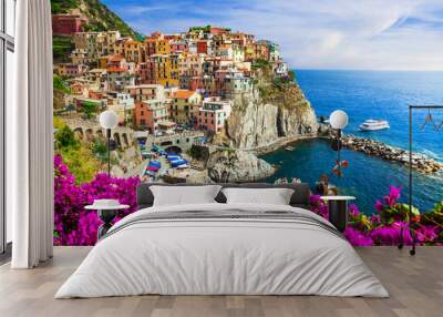 italy travel and landmarks -manarola village , cinque terre national park with beautiful fishing col Wall mural