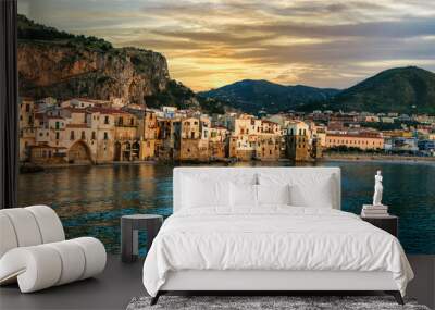 Italy. Sicily island scenic places. Cefalu - beautifl old town with great beaches Wall mural