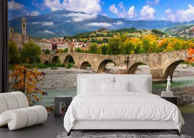 landmarks of Italy . Bobbio - beautiful ancient town with impressive roman bridge, Emilia Romagna Wall mural