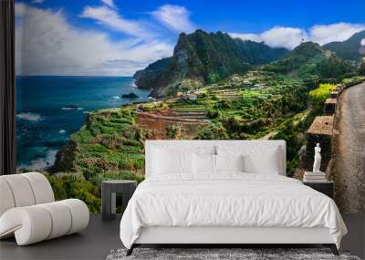 Madeira island, incredible beauty nature scenery. Viewpoint (Miradouro) of Sao Cristovao with impressive rock. Boaventura , northern part of the island. Portugal travel Wall mural