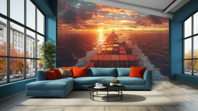 Sunset view from a cargo ship at sea Wall mural