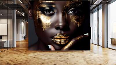 fashion portrait of a dark-skinned girl with gold make-up. Beauty face. Ai generated Wall mural