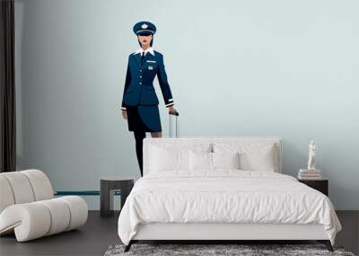 Minimalist illustration of a flight attendant uniform and luggage. Generative AI Wall mural