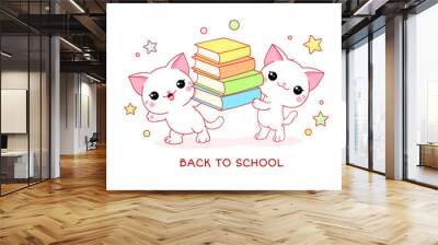 Back to school. Two cute little white cats with books Wall mural