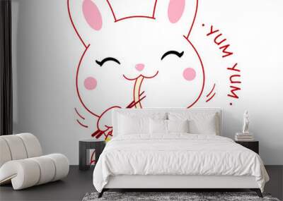 Cute white rabbit eat ramen noodles. Inscription You and me. Kawaii little bunny are happy to eat noodles. Vector illustration EPS8 Wall mural