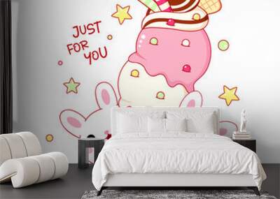 Cute yummy card in kawaii style. Two lovely little white bunnies with ice cream. Inscription Just for you. A gift from friends. Vector illustration EPS8 Wall mural