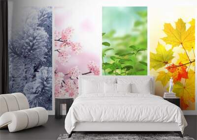 Four seasons of year. Set of vertical nature banners with winter, spring, summer and autumn scenes. Nature collage with seasonal scenics Wall mural