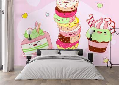 Funny background with cute sweet foods in kawaii style with smiling face and pink cheeks. Inscription So sweet, donuts, cake and cupcake. EPS8   Wall mural