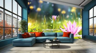 Horizontal banner with blossoming lotus flower on sunny nature spring background. Summer scene with lily flower in rays of sunlight. Close-up or macro. A picturesque colorful photo with a soft focus Wall mural