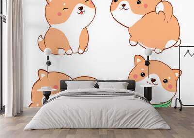 Set of cute fat dogs kawaii style. Collection of lovely little shiba inu puppy in different poses. Can be used for t-shirt print, stickers, greeting card design. Vector illustration EPS8 Wall mural