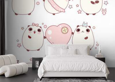 Set of cute pandas in kawaii style Wall mural