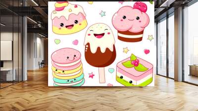 Set of cute sweet desserts in kawaii style with smiling face and pink cheeks for sweet design. Cake, muffin, cupcake, ice cream, macaroons. Vector illustration EPS8 Wall mural