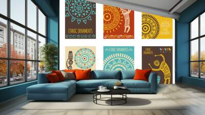 Set of ethnic banner, background, flyer, placard with tribal ornaments. Vertical poster, card, sticker with geometric patterns and silhouettes of musicians, mother with child. Vector illustration EPS8 Wall mural