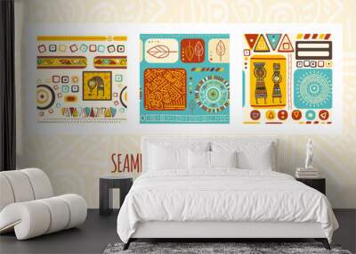 Set of seamless patterns with tribal ornaments of red, yellow, blue and brown colors Wall mural