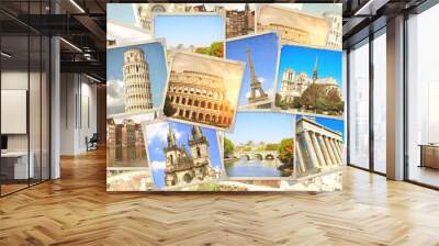 Vintage travel background with retro photos of european landmarks Wall mural