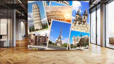 Vintage travel background with retro photos of european landmarks Wall mural