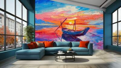 Oil painting, artwork on canvas. Fishing boats on sea   Wall mural