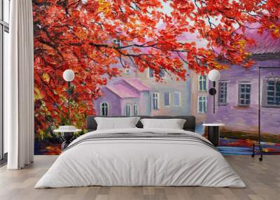 Oil painting, colorful autumn trees, impressionism art Wall mural