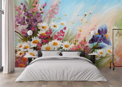 Oil Painting - abstract illustration of flowers, daisies, greens Wall mural