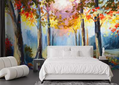 oil painting - colorful spring landscape, road in the forest, ab Wall mural