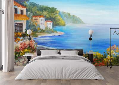 oil painting - house near the sea, colorful flowers, summer seascape Wall mural