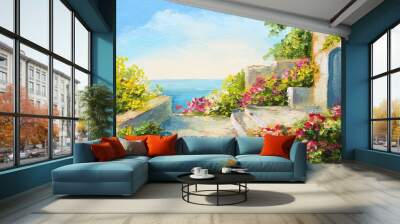 oil painting - house near the sea, colorful flowers, summer seascape Wall mural