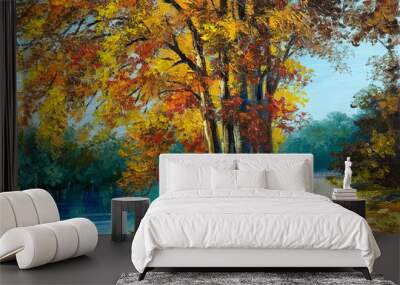 Oil painting landscape - autumn forest near the river, orange leaves, art work Wall mural