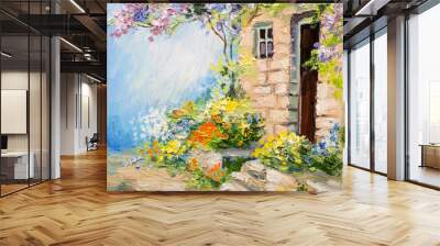 oil painting landscape - garden near the house, colorful flowers, summer forest Wall mural