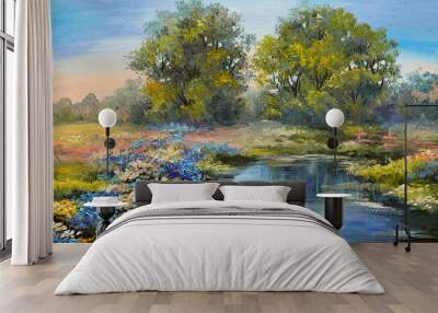 Oil painting landscape - river in the forest, colorful fields of flowers Wall mural