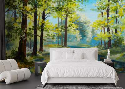 Oil painting landscape - river in the forest, summer day Wall mural