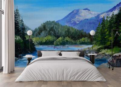 Oil Painting - mountain river, rocks and forest, abstract drawin Wall mural