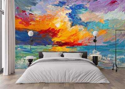 Oil painting of the sea, multicolored sunset on the horizon, watercolor Wall mural