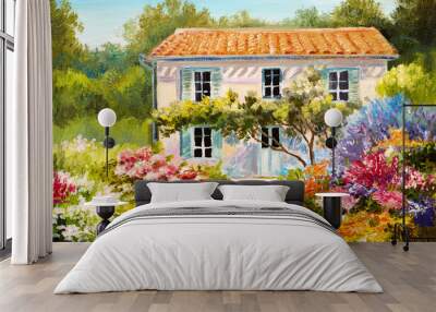 Oil painting on canvas of a beautiful house and flowers, abstract drawing, watercolor art Wall mural