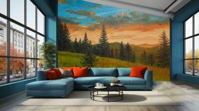 oil painting on canvas - sunset in the mountains Wall mural