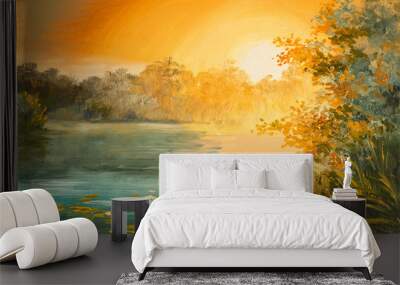 Oil Painting - sunset on the lake, colorfull art drawing Wall mural