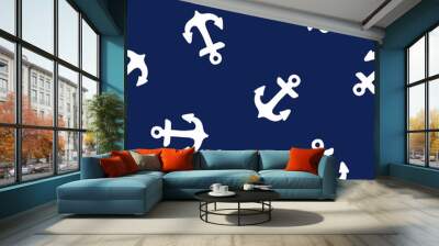 Blue seamless pattern with white anchors Wall mural