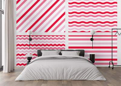 Set of 4 seamless patterns with pink and red stripes. Wall mural