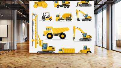 A large set of construction equipment in yellow. Special machines for the building work. Vector illustration Wall mural