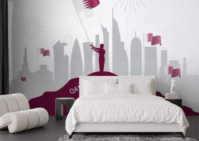 Qatar national day celebration with landmarks and flags in Arabic translation: qatar national day 18 th december. vector illustration Wall mural