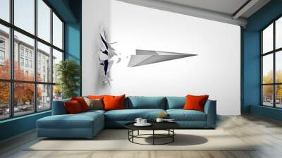 Breaking through and overcoming challenges or surmounting difficulties as a paper airplane blasting out of a wall as a symbol to overcome obstacles as a business success Wall mural