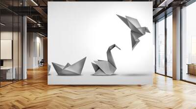 Changing for success as a leadership and business change through innovation and evolution of ability as a crumpled paper transforming into a boat then a swan and a flying bird as a metaphor. Wall mural