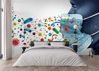 Face Mask Protection and Disease prevention concept with infectious pathogens spreading as a medical symbol of preventing illness from germ virus and airborne bacteria Wall mural