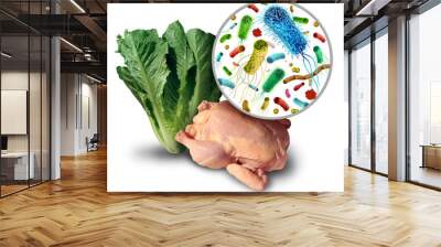 Foodborne illness pathogen and bacteria and germs on raw poultry or leafy green vegetables and the health risk of ingesting contaminated food with e coli or salmonella Wall mural