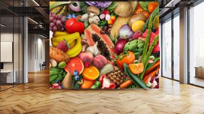 Fruit and vegetable background or Vegan and veganism or healthy food as a group of fresh ripe fruits and nuts with beans as a diet symbol for eating green biological natural food. Wall mural