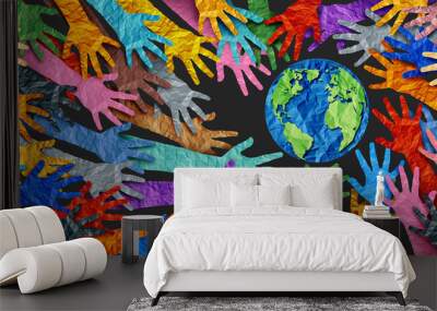 International diversity or earth day and international world culture as a concept of diversity and crowd cooperation symbol as diverse hands holding together the planet earth. Wall mural