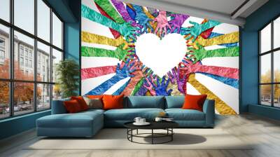 United diversity and unity partnership as heart hands in a group of diverse people connected together shaped as a support symbol expressing the feeling of teamwork and togetherness. Wall mural