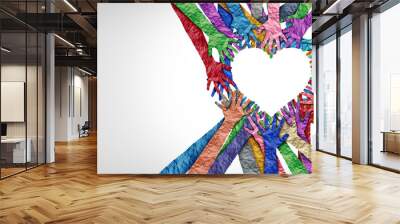 United diversity and unity partnership as heart hands in a group of diverse people connected together shaped as a support symbol expressing the feeling of teamwork and togetherness Wall mural