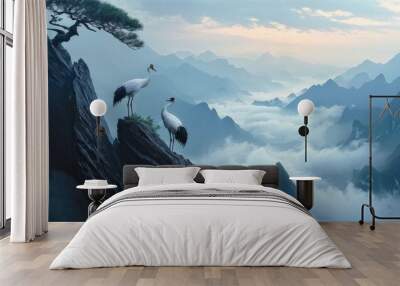 A serene landscape featuring two cranes standing on a rocky outcrop, gazing at each other. Wall mural